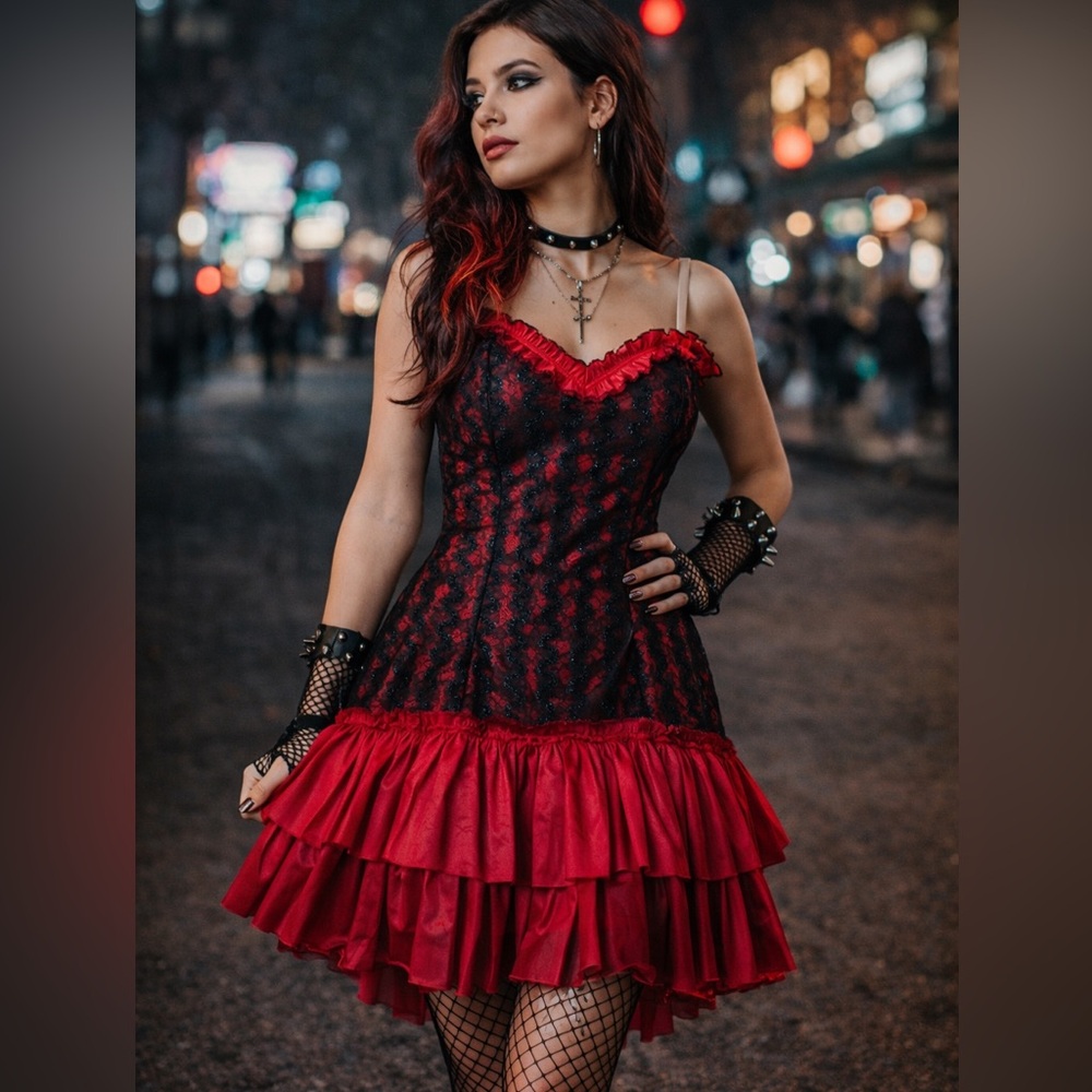 Vintage Goth Lace Tutu Dress Red Black Ruffle Fairy Grunge Slip Costume Emo Punk